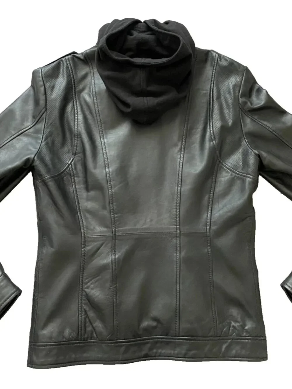 7 Diamonds Manila Black Leather Moto Hooded Jacket